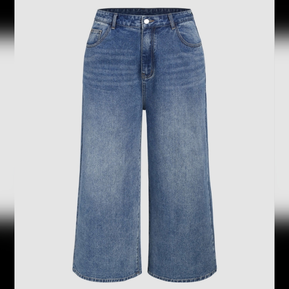 CIDER Denim Woman's Mid-Rise  Solid Pocket Baggy Wide Leg Jeans ~ Blue